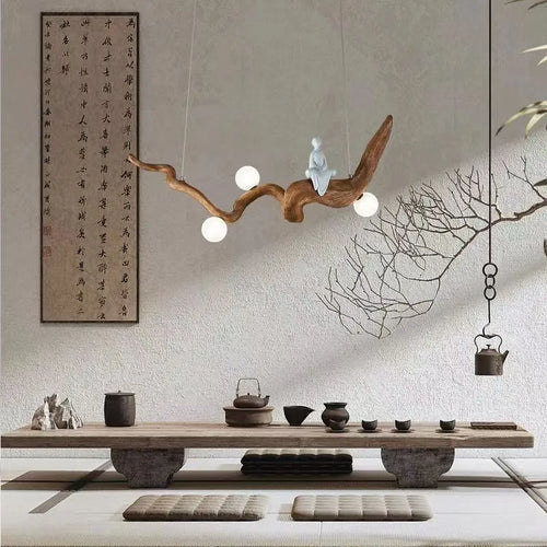Lustre design Zen résine style bois à Branches suspension - vue 2 sur 7