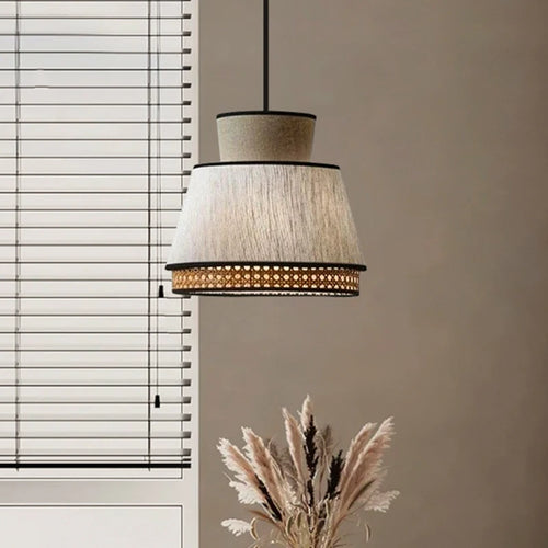 Vintage Japanese pendant light in fabric and rattan - vue 5 sur 12