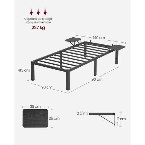 VASAGLE Single Bed Frame, Metal Bed Frame, with Bedside Shelves, Guest Bed Frame, for 90 x 190 cm Mattresses, Easy Assembly - vue 6 sur 7