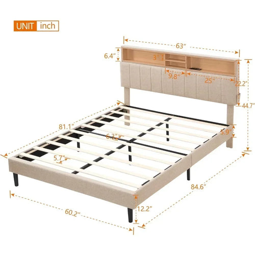 Bed frame bedroom furniture: headboard with storage and USB ports, full, grey modern upholstered platform bed - vue 6 sur 8