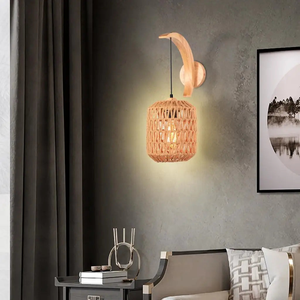 Vintage hemp rope and industrial wood wall light - vue 5 sur 9
