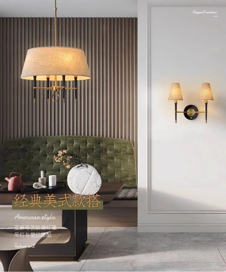 brun clair couverture en tissu circulaire suspension lampe salon chambre lustres cuivre suspension lampe de style chinois plafonnier - vue 5 sur 7