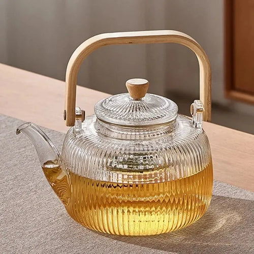 Theiere verre borosilicate filtre integre anse bois design