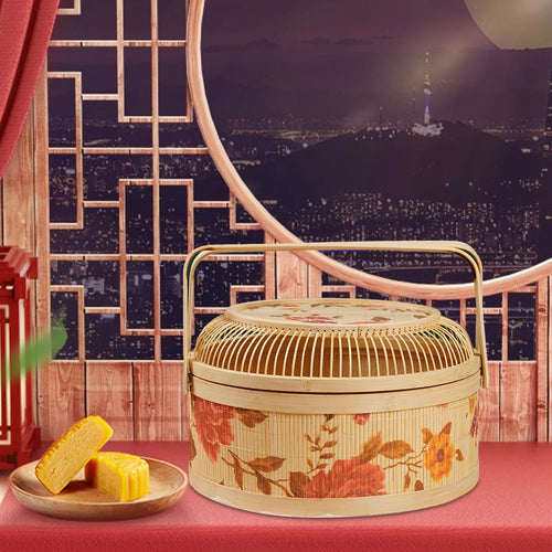 Handmade Woven Basket With Hollow Cover, 26x26x10cm Kitchen Bamboo Woven Tote Basket For New Year And Spring Festival - vue 6 sur 7