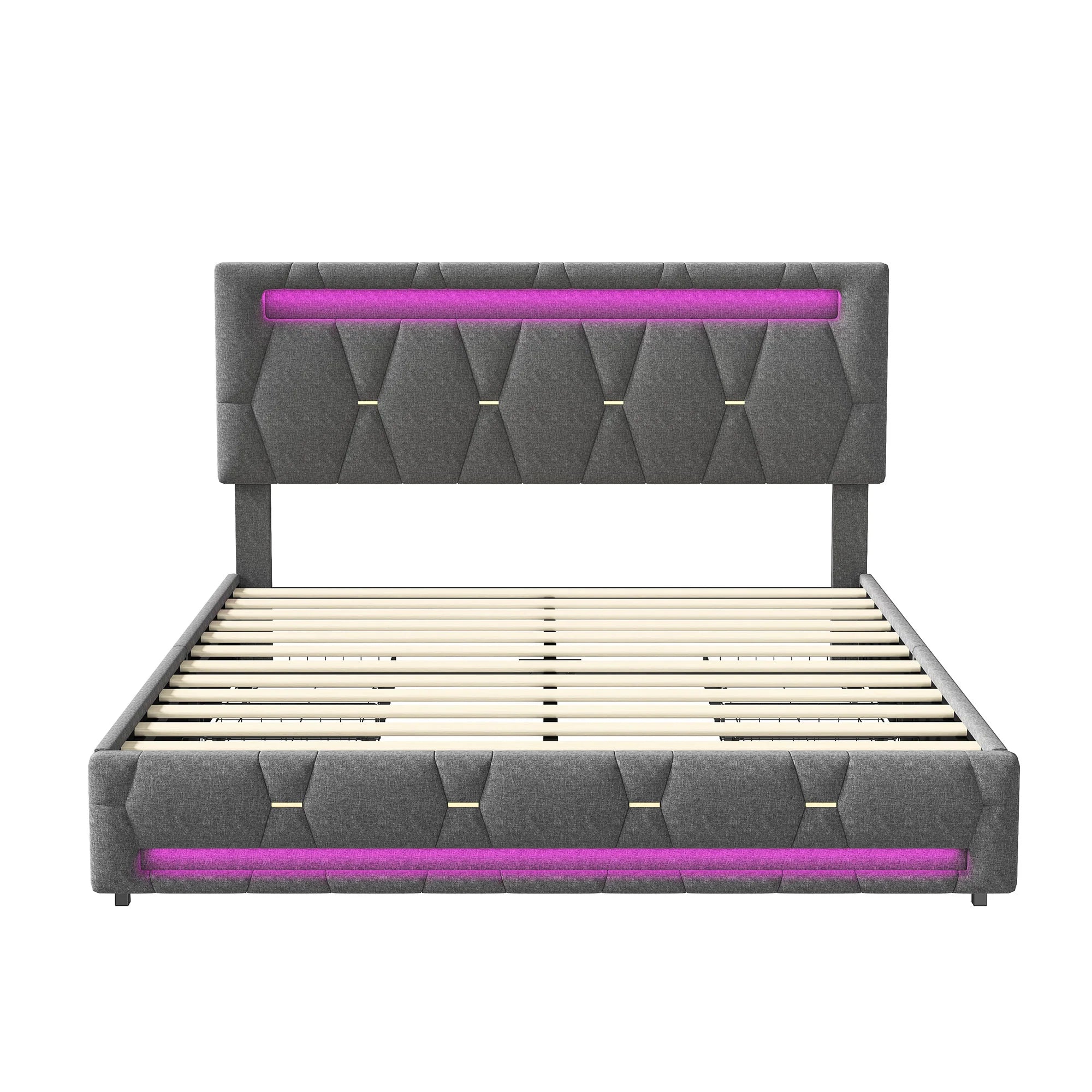 Upholstered Double Bed 140x200cm,LED Bed with 4 Drawers and Adjustable Headboard,Bed Frame with Wooden Slatted Frame,No Mattress - vue 5 sur 7