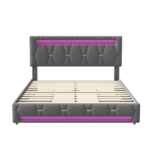 Upholstered Double Bed 140x200cm,LED Bed with 4 Drawers and Adjustable Headboard,Bed Frame with Wooden Slatted Frame,No Mattress - vue 6 sur 7