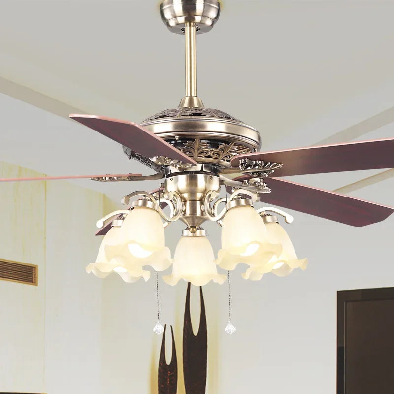plafonnier ventilateur en bois rétro avec lumière et télécommande - vue 5 sur 7