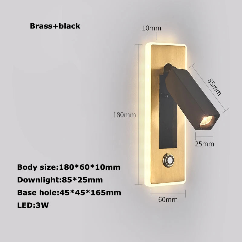 LED Brass Black Wall Lamp Wall Light Wall Sconce Wall Mounted Reading Light with Switch and USB Port, Rotatable For Bedroom - vue 17 sur 23