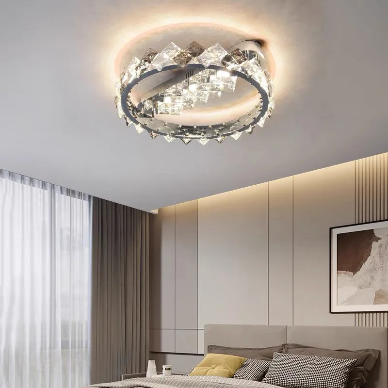 lustre moderne en acier inoxydable chrome avec éclairage en cristal - vue 4 sur 10