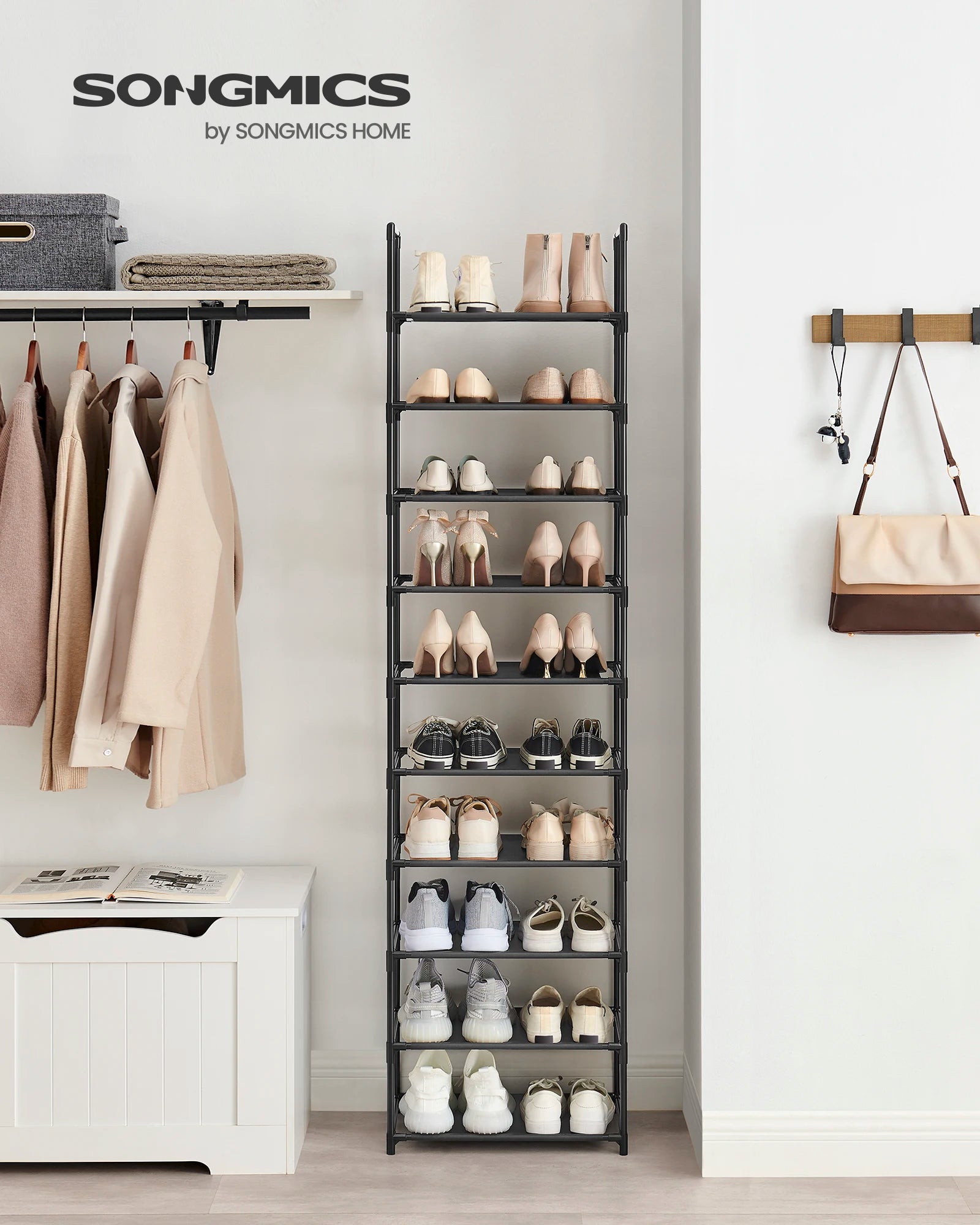 SONGMICS Shoe Rack, 10 Tiers, Narrow Shoe Rack, 28 x 45 x 173 cm, Metal Frame, Non-Woven Fabric Shelves, Hallway, Bedroom