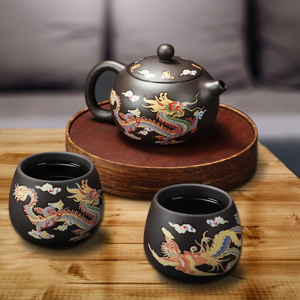 Théière gongfu argile motifs dragons phénix artisanale - vue 2 sur 7