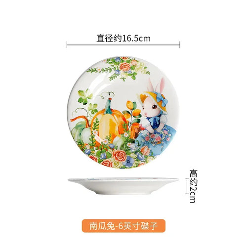 Assiette ceramique motif citrouille et lapin style jardin