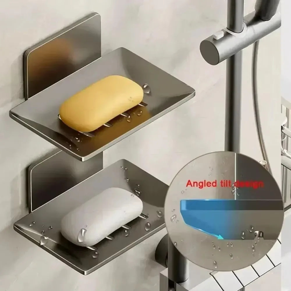porte-savon autocollant en acier inoxydable avec drain pour douche et cuisine - vue 3 sur 9