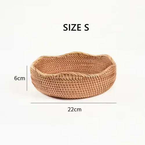 Round Rattan Fruit Basket, Wicker Woven Snack Tray, ,Bread Food Organizer, Kitchen Storage, Home Decoration - vue 8 sur 9