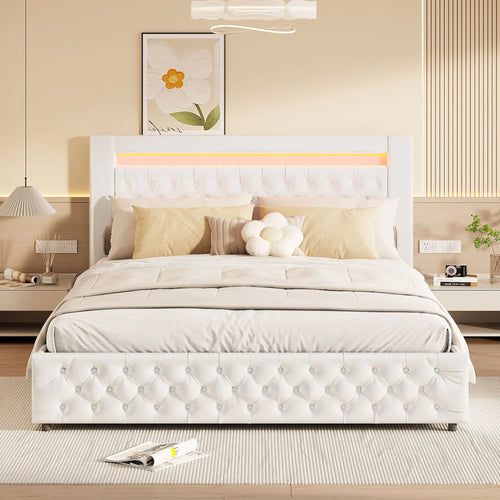 Upholstered Bed, Double Bed, PU Bedside Lamp, Hydraulic Functional Storage Bed, Headboard and Slatted Base, Padded Backrest - vue 6 sur 9