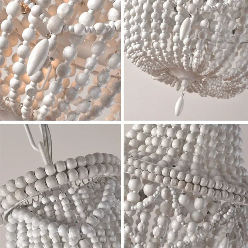 French Style Retro Pendant Lights For Living Room  Bedroom Children'S Room Princess White Wood Bead Decorative Indoor Lighting - vue 5 sur 9