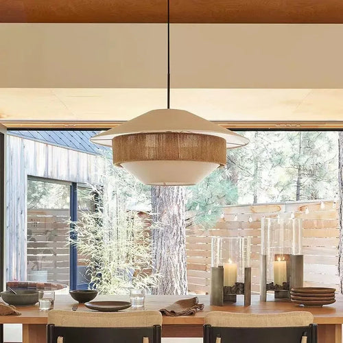 Vintage fabric pendant light with hemp rope, country style - vue 5 sur 9