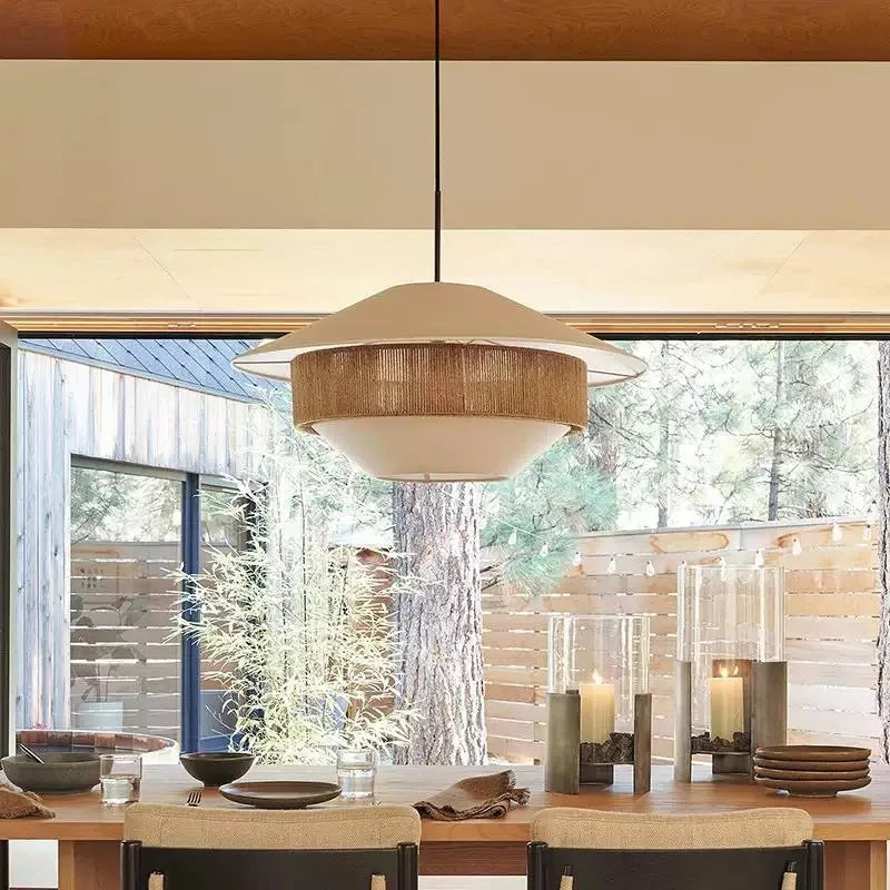 Vintage fabric pendant light with hemp rope, country style - vue 4 sur 9