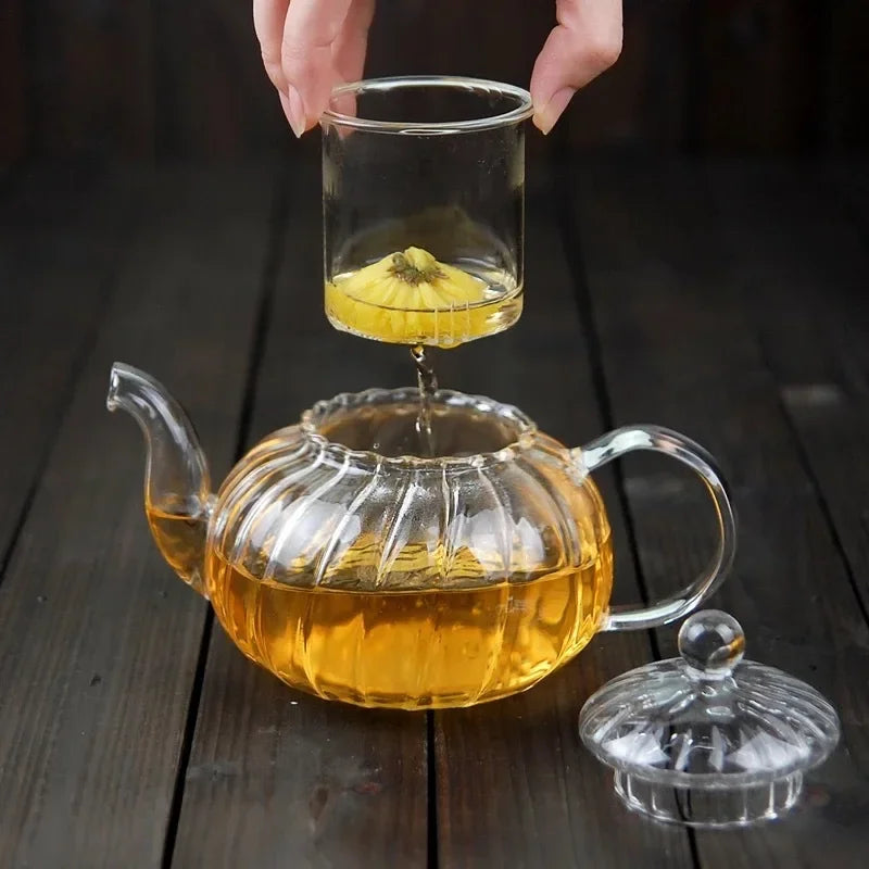 Théière citrouille fleurie rayée verre avec infuseur - vue 6 sur 7
