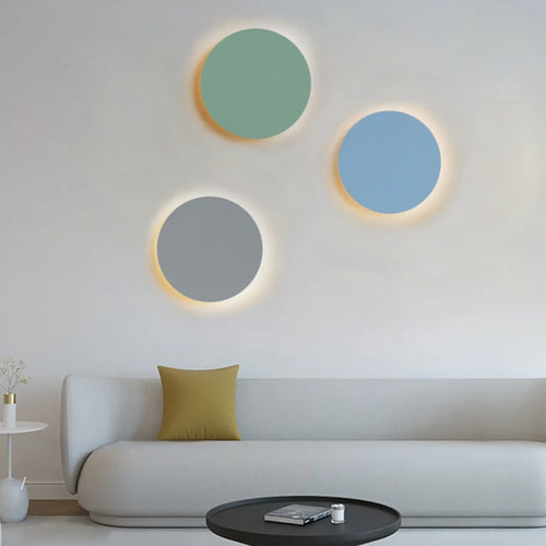 LED minimalism modern wall light for living room, bedroom, hallway, colourful circular iron plate - vue 2 sur 12