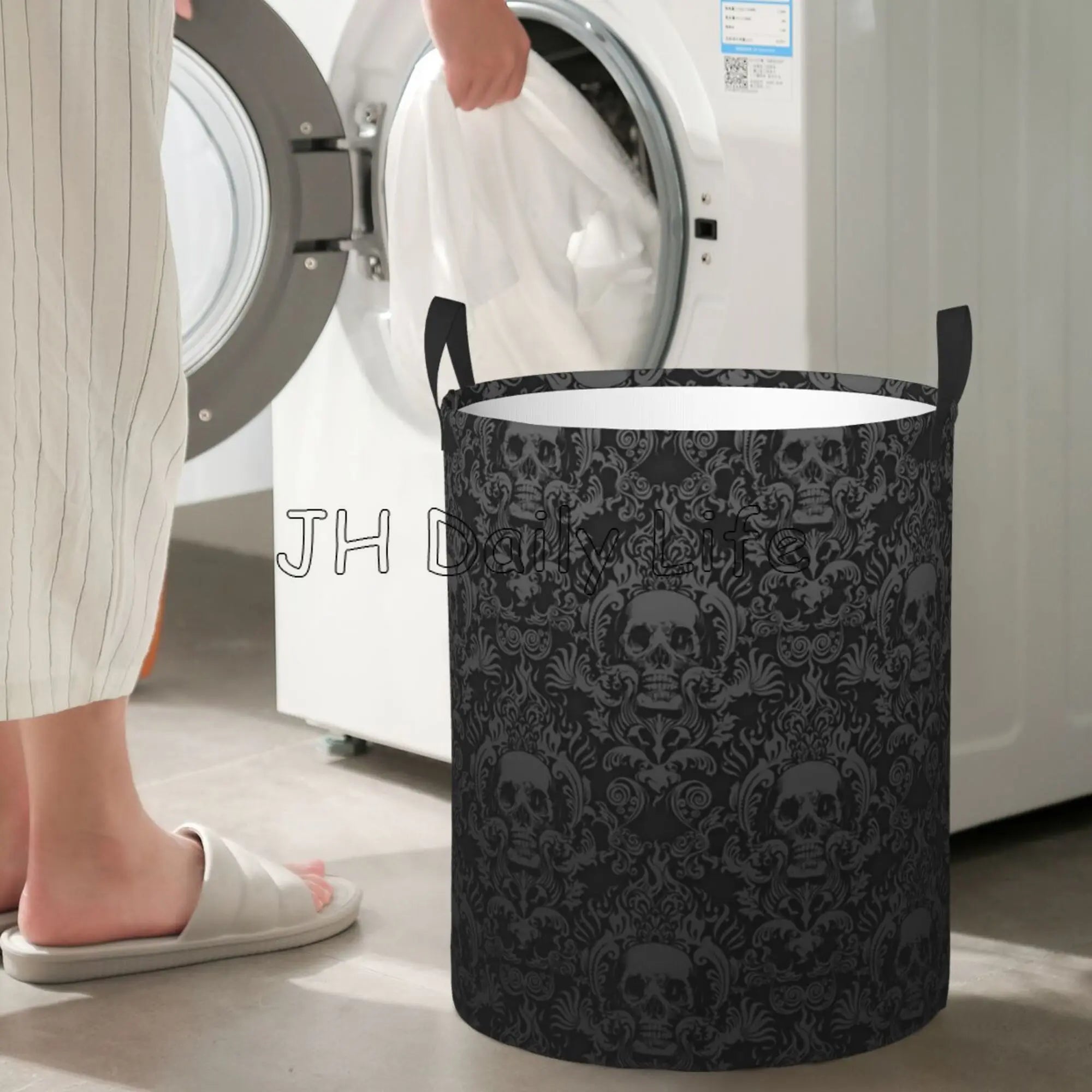 panier à linge rond gothique pliable avec tête de mort - vue 7 sur 7