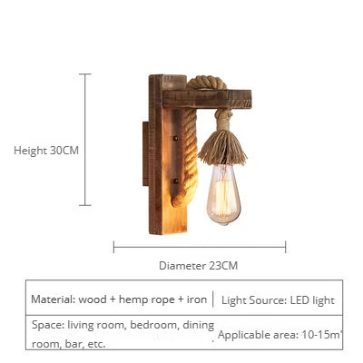 Vintage industrial loft wooden wall light with hemp rope