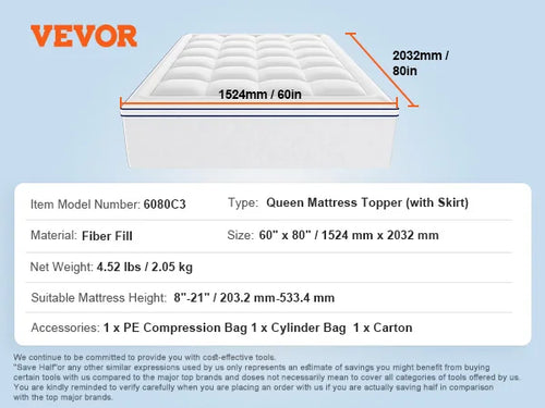 VEVOR Mattress Topper 1" Thickness Fiber Fill Pad with Detachable & Washable Layer, Detachable Bedside Pocket for Holding Items
