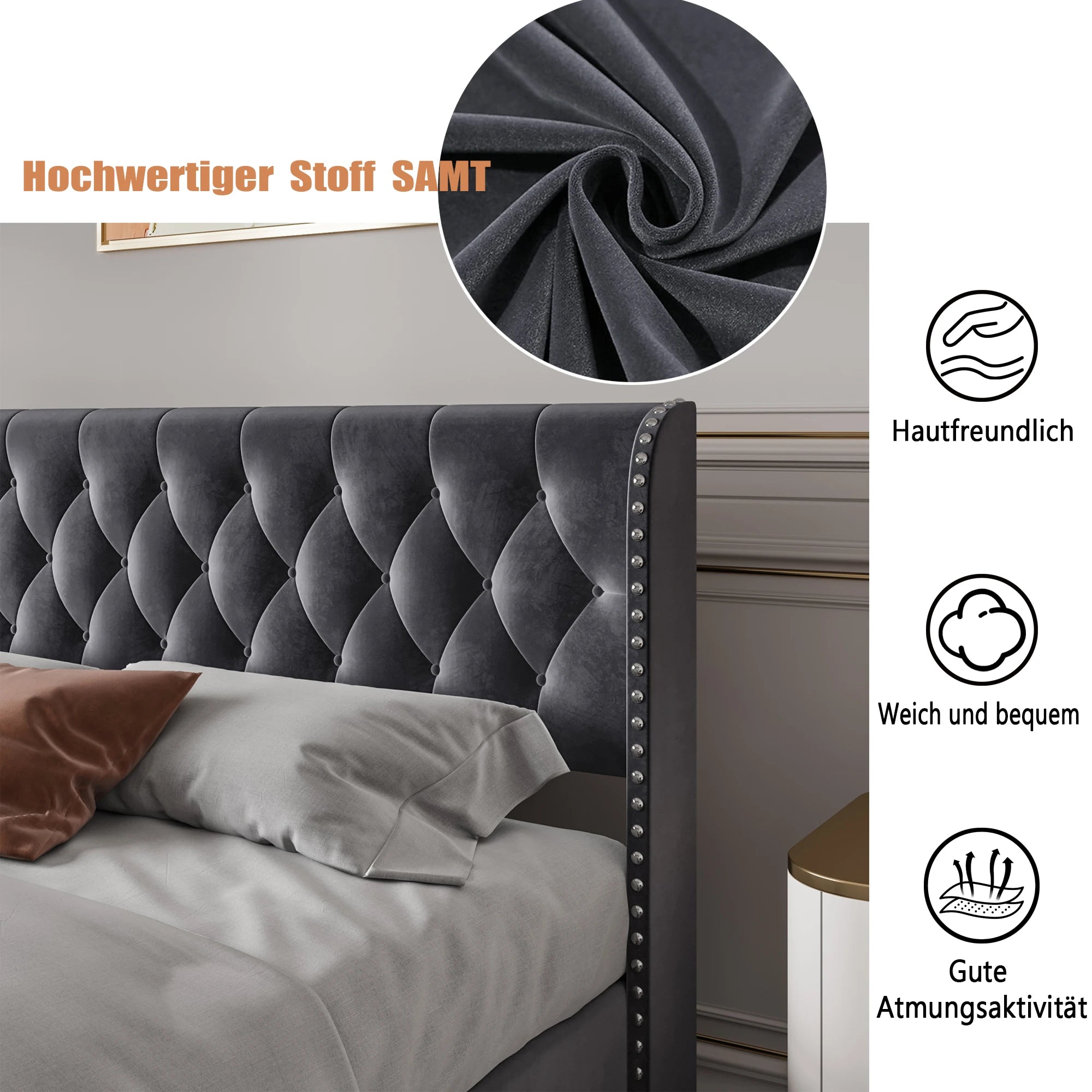 Modern Velvet Upholstered Bed 180 x 200 cm, Bed with Padded Headboard, Bed for Bedroom and Guest Room, Velvet, Without Mattress - vue 3 sur 6