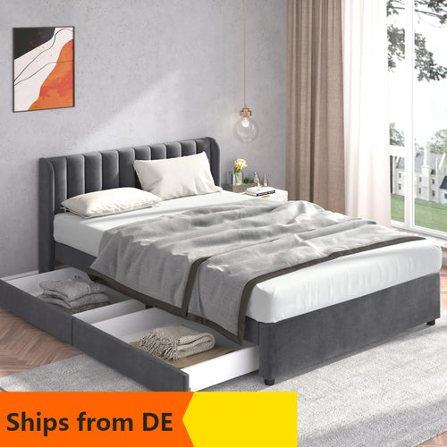 VSOGA Upholstered Bed 180 X 200 Cm Velvet With Slatted Backrest 2 Drawers, Black，160 X 200 Cm, Gray - vue 2 sur 8