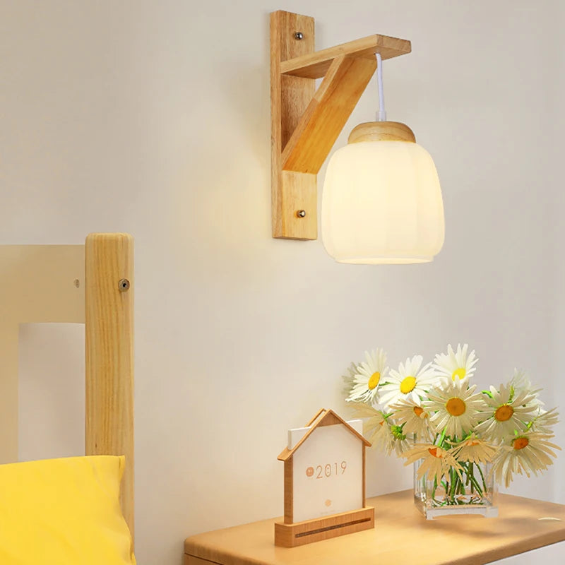 Japanese Wood Wall Lamp Wabi-sabi Style Bedside Light Fabric Lampshade Chinese Lantern Wall Light for Living Room Restaurant E27 - vue 3 sur 8