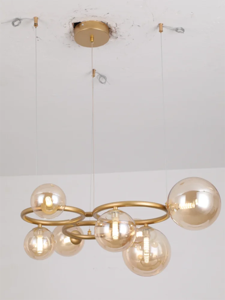 lustre design boule de verre et barre ronde métallique - vue 5 sur 12