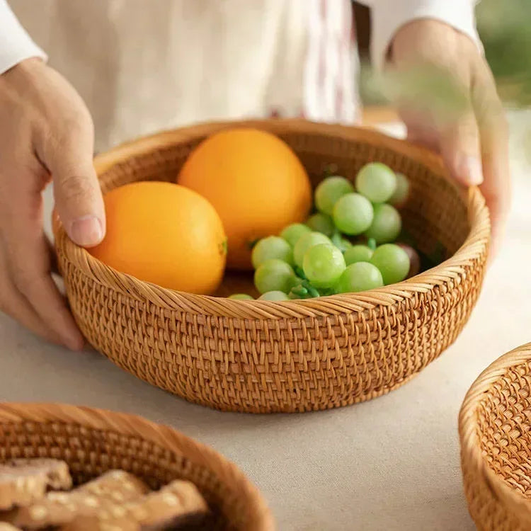 Round Rattan Fruit Basket, Wicker Woven Snack Tray, ,Bread Food Organizer, Kitchen Storage, Home Decoration - vue 4 sur 9