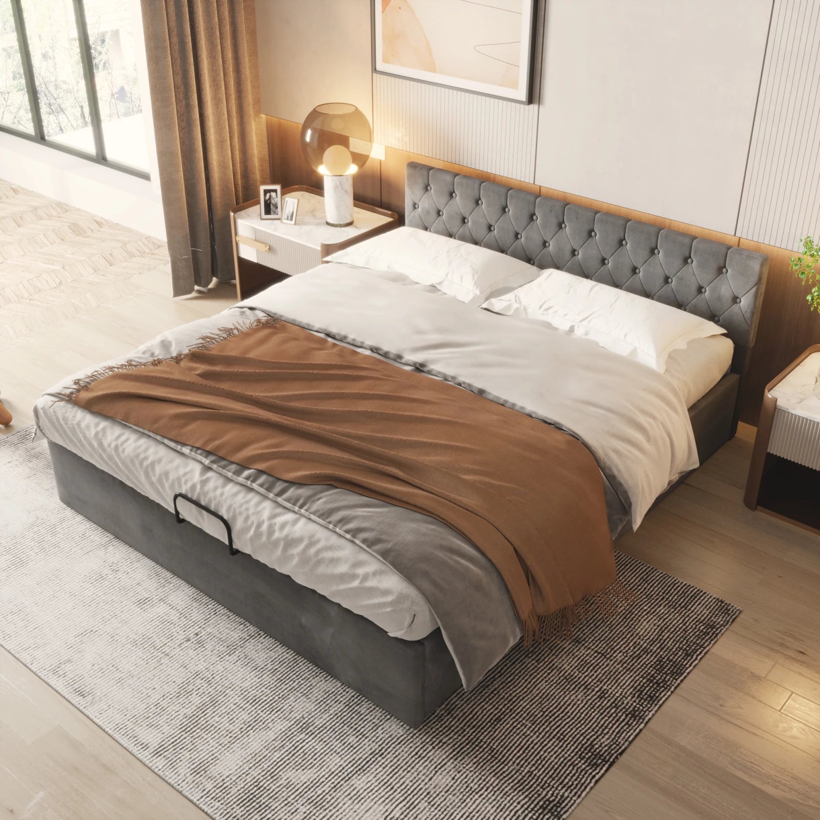 Upholstered Bed, Double Bed, Velvet Fabric, with Bed Box, Slatted Frame and Storage Space, Grey, 180 x 200 cm