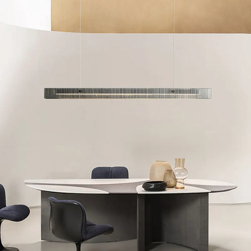 Lustre design de luxe en acier inoxydable et cristal minimaliste longue bande - vue 4 sur 8