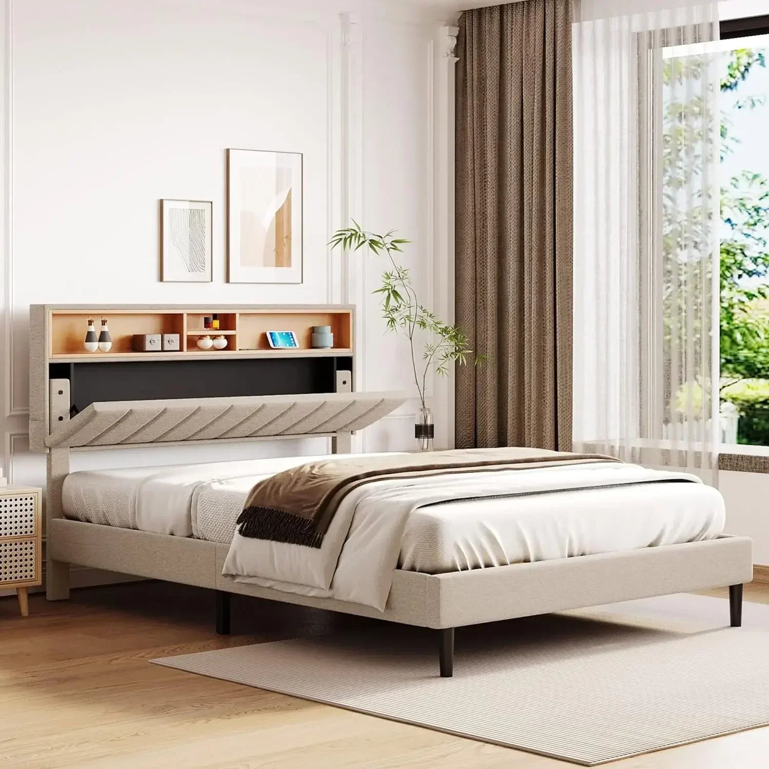 Bed frame bedroom furniture: headboard with storage and USB ports, full, grey modern upholstered platform bed - vue 8 sur 8