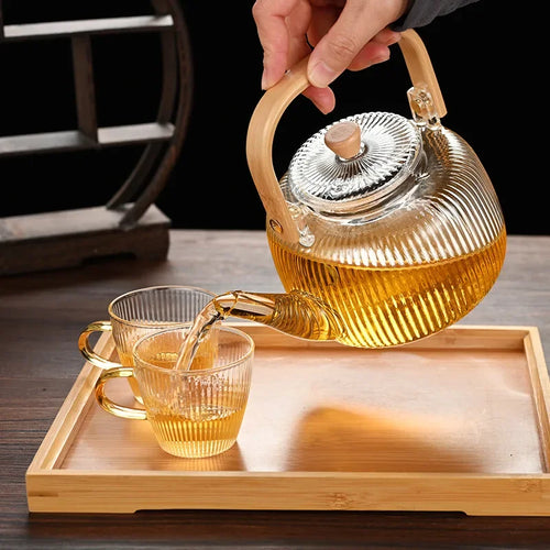 Theiere verre borosilicate filtre integre anse bois design