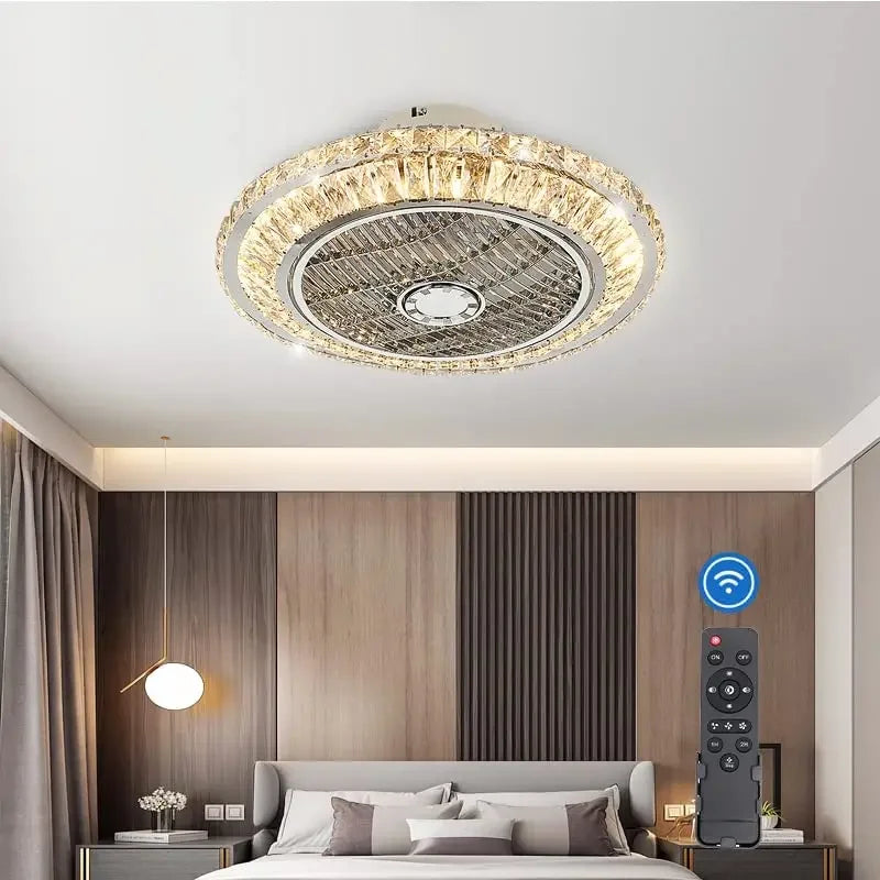 ventilateur de plafond cristal moderne avec lumière télécommande silencieuse 3 vitesses - vue 3 sur 7