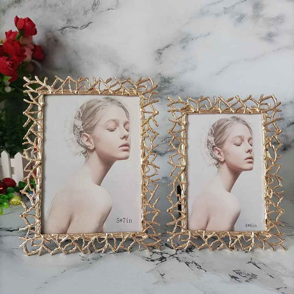 Golden Silver Art Photo Frame,Desktop Photo Display Ornaments,Bedroom Portrait Decor,Exquisite Creative Branch,Metal Photo Frame
