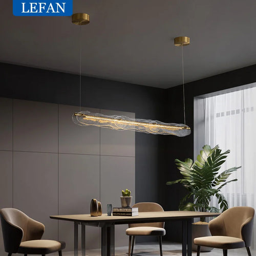 Lustre moderne allcopper lumière luxe créatif longue bande minimaliste bar salle à manger comptoir eau motif Suspension en verre - vue 4 sur 7