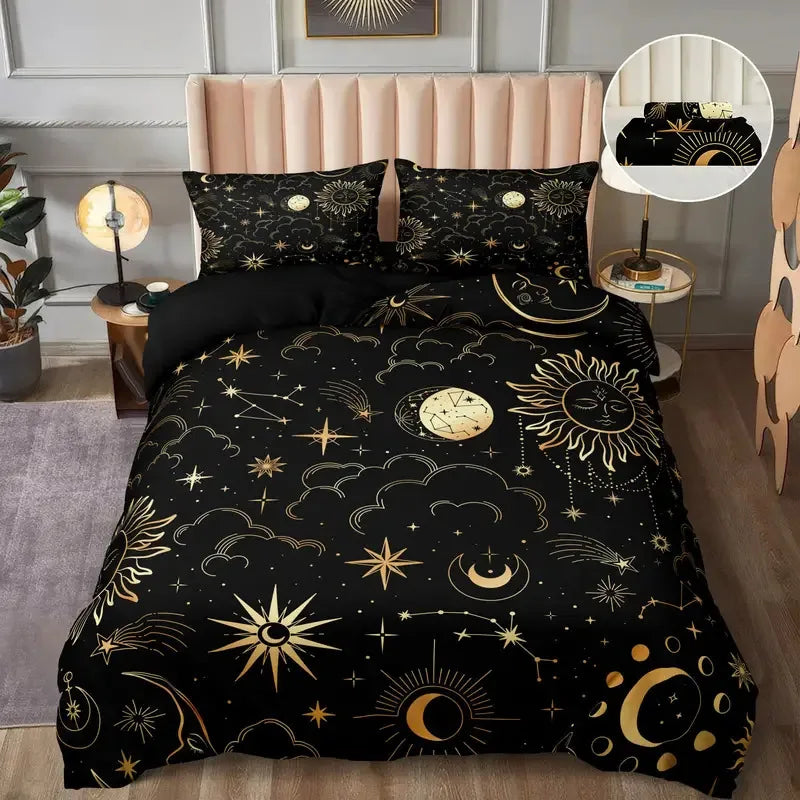 housse de couette bohème soleil lune motif floral noir blanc