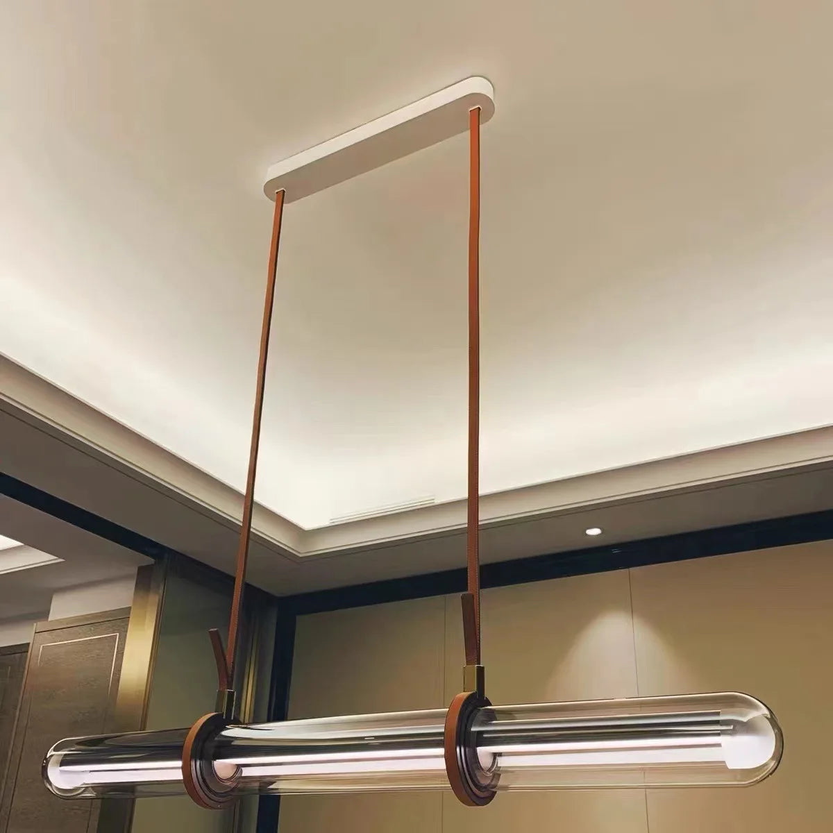 lustre long design moderne led luxe cuir verre lampara - vue 6 sur 7