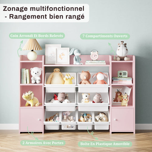 Getone Toy Storage Unit, Children's Bookcase, Toy Organiser with 8 Boxes and 9 Shelves 138x29x94 cm White/Pink - vue 4 sur 7