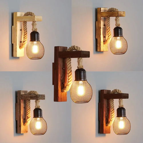 Vintage industrial wooden wall light with hemp rope