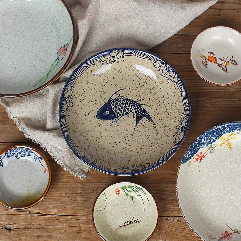 Assiette dessert japonaise ceramique motif floral peinte main