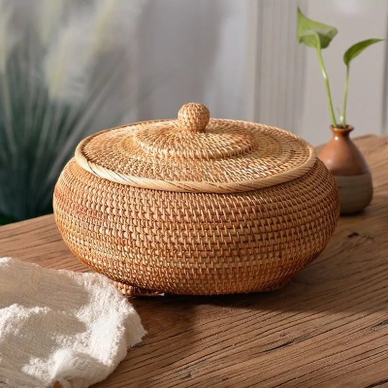 Panier boîtes rondes en rotin avec couvercle pour rangement polyvalent - vue 2 sur 6