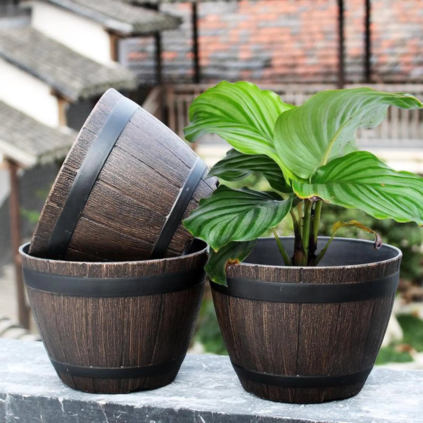 grand pot de fleurs tonneau en résine résistant pour intérieur extérieur - vue 7 sur 6