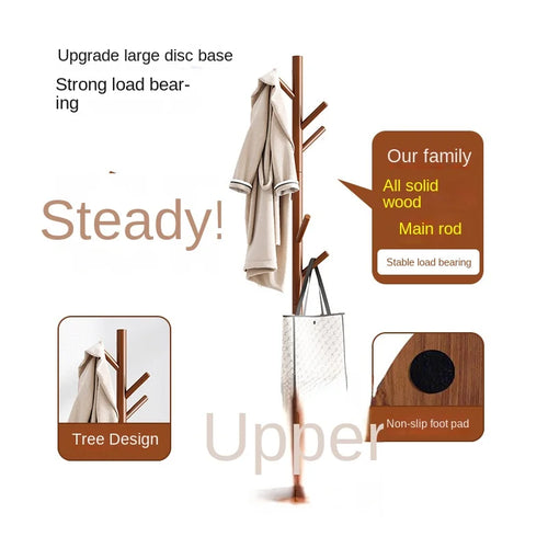 Solid Wood Coat Hanger with Hook, Floor Mounted Coat Hanger, Home Furniture, Clothes Hanger, Modern Bedroom, Dormitory Coat Rack - vue 3 sur 7