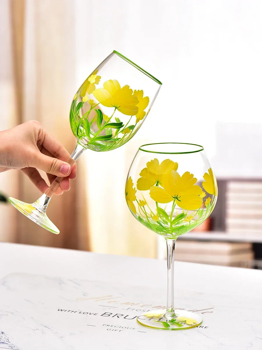 Verres vin hauts floraux faits main lot 3 - vue 3 sur 6
