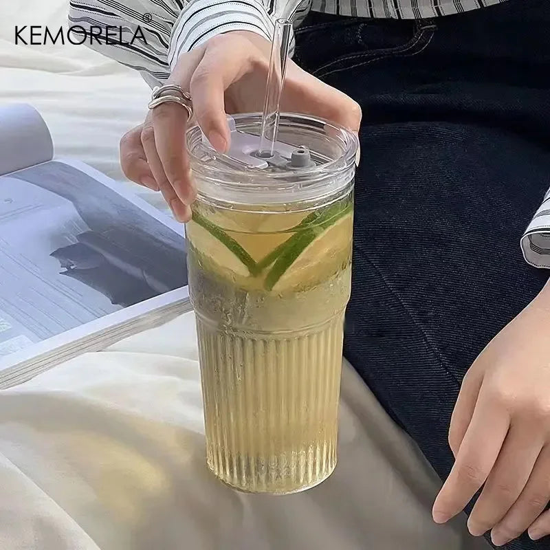 Gobelet verre rayé 600 ml avec couvercle paille - vue 6 sur 8