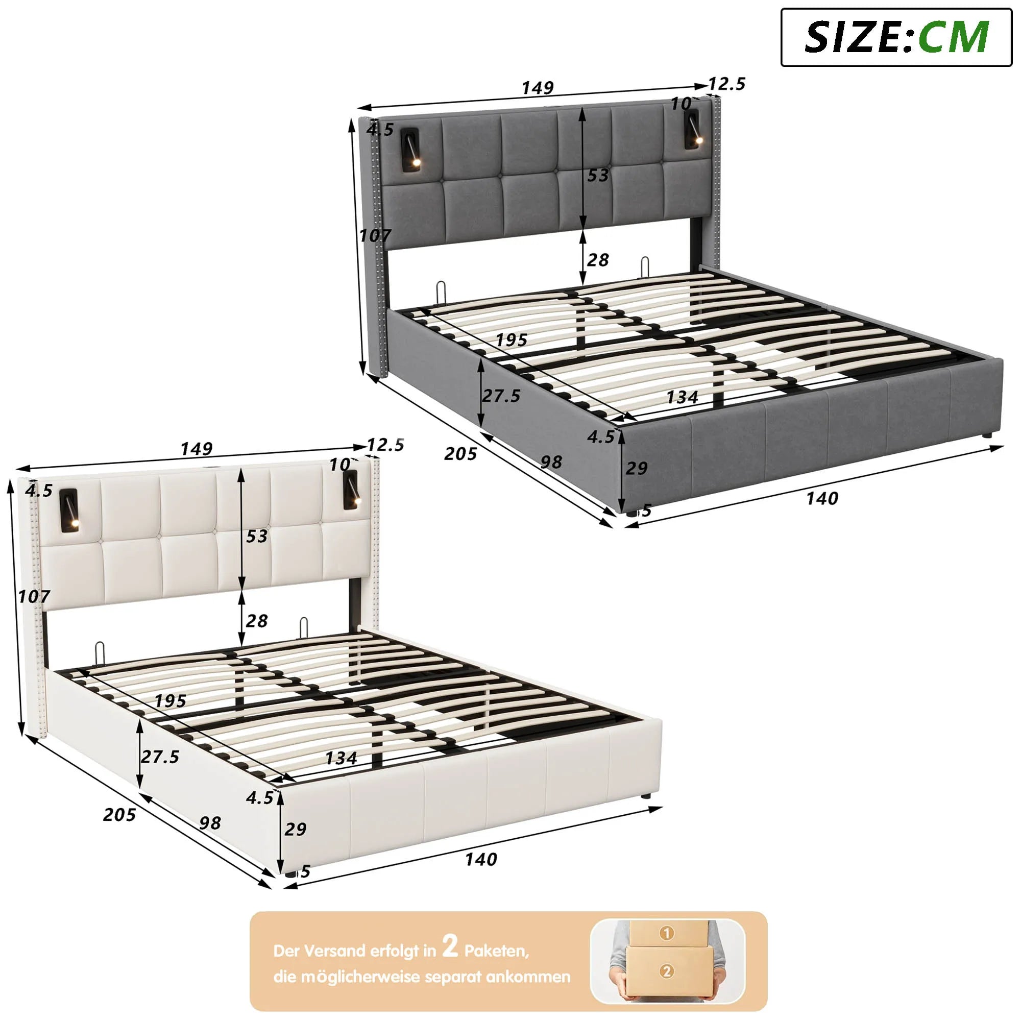Single and Double Bed with Slatted Frame, Hydraulic Upholstered Storage Bed, Headboard with 2 Reading Light and USB Port, Velvet - vue 6 sur 8